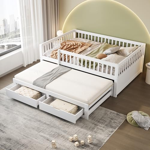 Ball & Cast Tagesbett Ausziehbar (140x200cm) mit Vollverkleidetes Sicherheitsgitter, Sofabett mit 2 Schubladen Darunter, Einfach & Zeitsparend Montierbar, Weiß