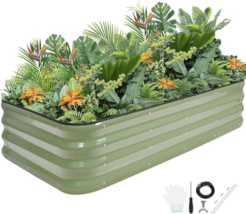 VIREO GARDEN Raised Garden Bed,4-in-1 Adjustable Planter Boxes, Green-1Pack | Metal Raised Bed Planter Bed with Safety Edging and Gloves for Vegetables, Fruits, Flowers.