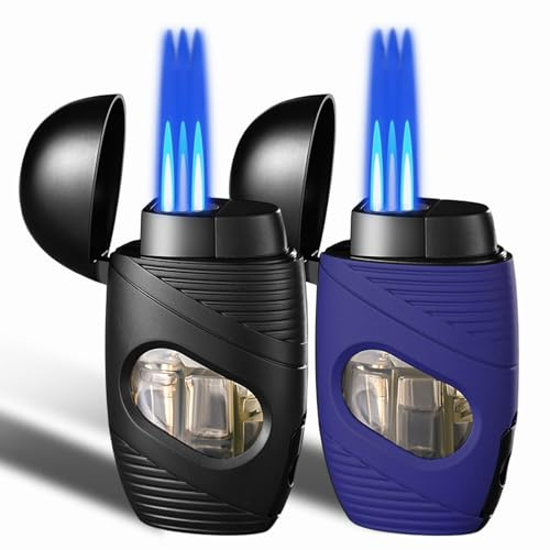 2 Pack Triple Jet Flame Lighter, Adjustable Windproof Flame and Gas Refillable, Portable Butane Torch Lighter for BBQ, Camping, Kitchen,Outdoor and Candles, (Without Butane)-Black+Blue