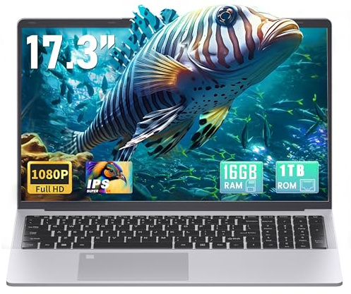 Fsjun 17,3 Zoll Laptop, 16GB RAM, 1TB SSD, 6500Y Prozessor über 3250C/3020e, FHD IPS Display, Fingerabdruck, Backlit-Tastatur, HDMI, WLAN, Business Notebook für Büro, Studium, Home, DE Tastaturfolie