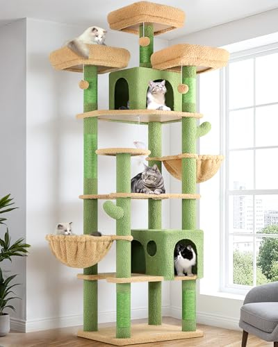 Globlazer Kattklösträd, kaktusgrön, XXL, 209 cm, med 3 vadderade sittpinnar, 2 nester, 2 korgar, stora plattformar, plyschleksaker, lyxigt klösträd för 3–5 inomhuskatter (F82, grön)