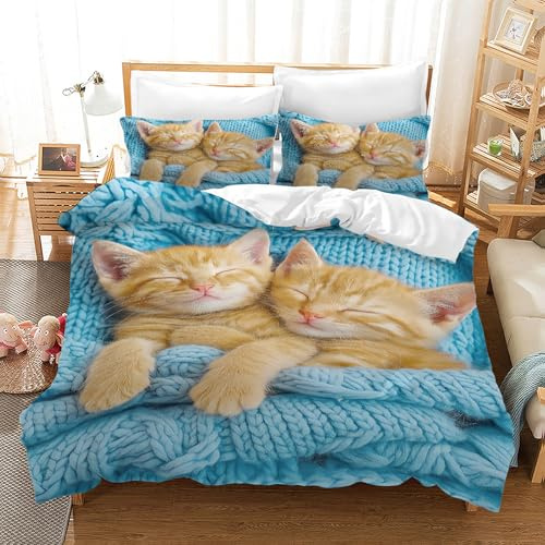 MIQEBX Parure de Lit Chat Imprimé Motif Mignon Chat Housse de Couette avec 2 Taies d'oreiller 3D Animal de Compagnie Imprimé Literie en Microfibre,pour Adultes Enfants Filles (Blue, 220x240cm)