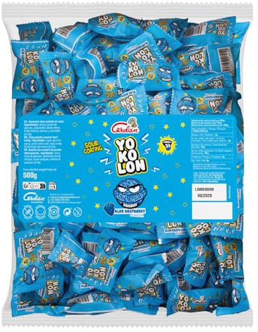 Caramelos Cerdán - Bolón Yokolón sabor frambuesa pintalenguas con rebozado soda ácido | Caramelo duro intenso y divertido | Sin gluten ni alérgenos. Bolsa 75 uds aprox. – 500 g