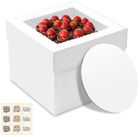 3 scatole di cartone per torte, 25 x 25 x 20 cm, con finestra, bianche, con base per torte, pasticceria, dessert, feste di compleanno, festa della mamma, matrimoni
