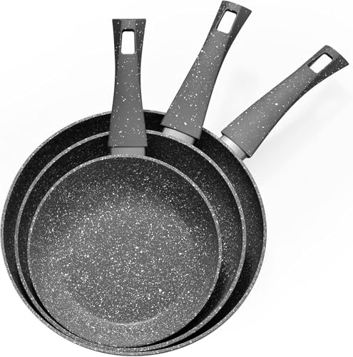 Kitchly Frying Pan Set Pack of 3-20, 24 & 28cm, Granite Frying Pans Nonstick Coating & Anti-Scratch Surface, Suitable for All Hobs – Induction, Gas & Electric Cooktops (Black)
