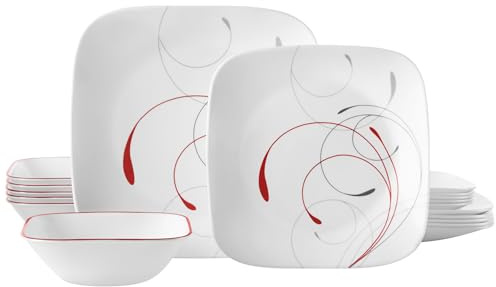 Corelle Vitrelle 18-Piece Service for 6 Dinnerware Set Triple Layer Glass and Chip Resistant, Lightweight Square Plates and Bowls Set, Splendor