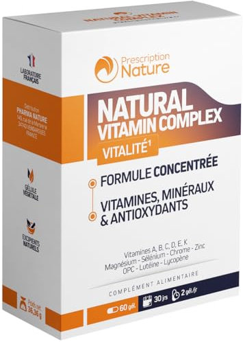 Prescription Nature - NATURAL VITAMIN COMPLEX - Complément Alimentaire - Vitamines Naturelles (A, B, C, D, E) + Magnésium Marin + Zinc - Fabrication Française - 60 Gélules