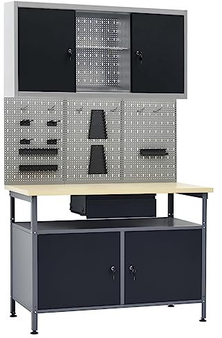 vidaXL Banco de Trabajo con Tres Paneles de Pared y Un Armario Garaje Herramientas de Trabajo Mesa Superficie Grande Estación Plataforma Estable