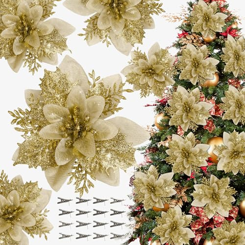 16 PCS Poinsettia Flower Artificial Poinsettia Christmas Decorations Glitter Poinsettias Christmas Ornaments Christmas Tree Flower Decorations with Clips DIY Xmas Wreath Holiday Weed Home Party Decor