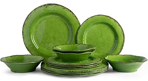LEHAHA Melamine Dinnerware Set, 12-Piece Dishes Set, Lightweight and BPA Free Rustic Plates and Bowls Sets, Service for 4, Indoor Outdoor Use, Great for Patio, Camping, RVs (Green)
