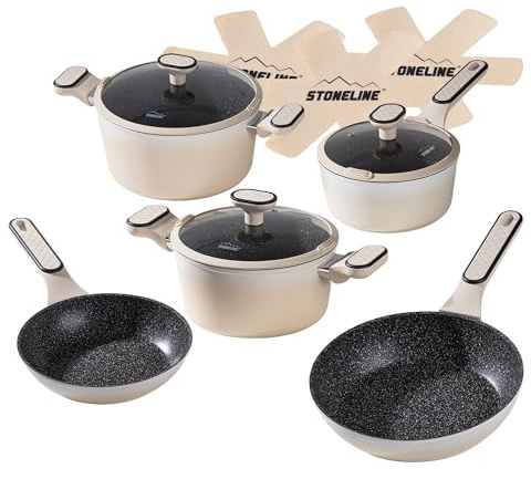 STONELINE Kochgeschirr Set 11-teilig 18/20/24 cm Set Pfannen und Töpfe mit Deckel, Topfset Pfanne Induktion Antihaft Beschichtet mit echten Steinpartikeln, Alle Herdarten, Farbe: Creme