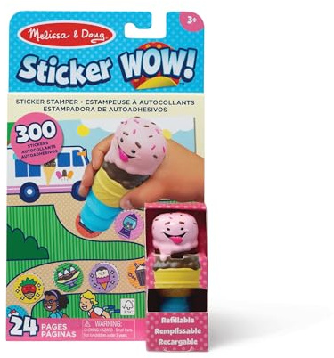 Melissa & Doug Sticker Wow! Blocco attività di 24 Pagine e Timbratore di Adesivi, 300 Adesivi, Personaggio da Collezione Giocattolo Fidget per Lavoretti Artistici, Gelato, Certificato FSC