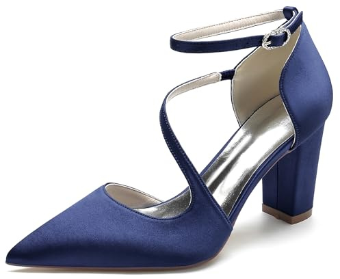 Hanfike Zapatos de vestir para mujer para boda Strappy punta punta tacón grueso bombas de noche JY029, azul marino, 40 EU