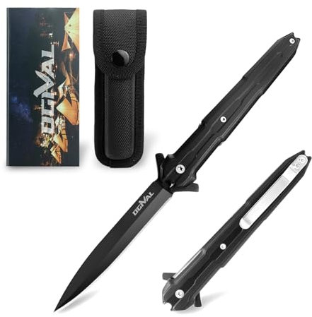 Ogival Klappmesser, Einhandmesser mit Nylonscheide und Taschenclip, Taschenmesser mit Edelstahlgriff, für Camping, Wandern, Schwarz