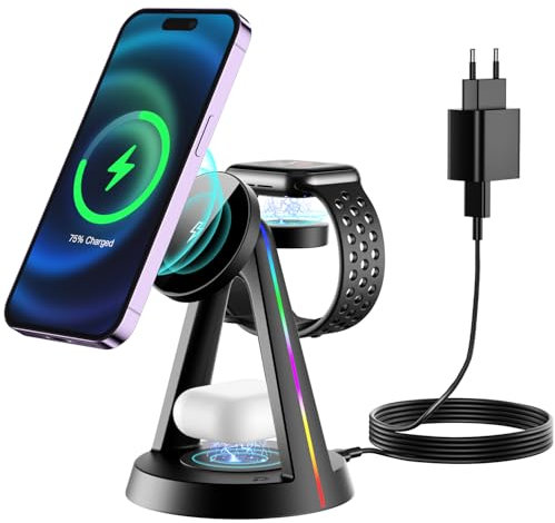 PKBD Mag-Safe Chargeur Induction 3 en 1, Station de Charge avec lumière pour iPhone 16/15/14/13/12 Pro/Max/Plus/Mini, Apple Watch, AirPods 4/3/2 Pro, Chargeur sans Fil avec Adaptateur 18W, Noir