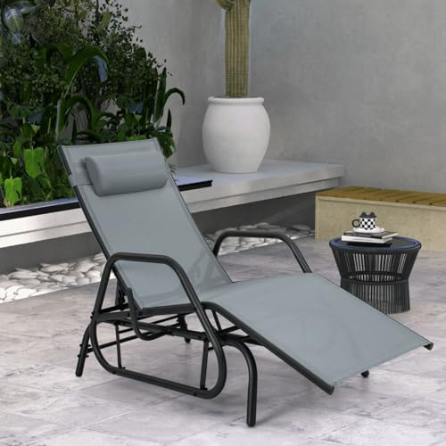Multigot Outdoor Sun Lounger, 3-Position Adjustable Gliding Reclining Chair with Armrests and Removable Pillow, Deck Glider Chair Garden Chaise Lounge for Backyard Poolside