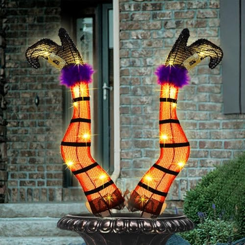 Juegoal Set of 2 Halloween Lighted Wicked Orange Witch Legs with Stakes, 22 Light Up Tinsel Halloween Yard Sign Prop Timer & 8 Modes, Battery Operated for Outdoor Party Haunted House Garden Decor