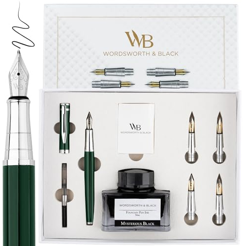 Wordsworth & Black Fountain Pen Gift Set, Includes Ink Bottle, 6 Ink Cartridges, A Refill Converter, 4 Replacement Nibs, Premium Package, Journaling, Calligraphy, Smooth Writing Pens [Green Chrome]