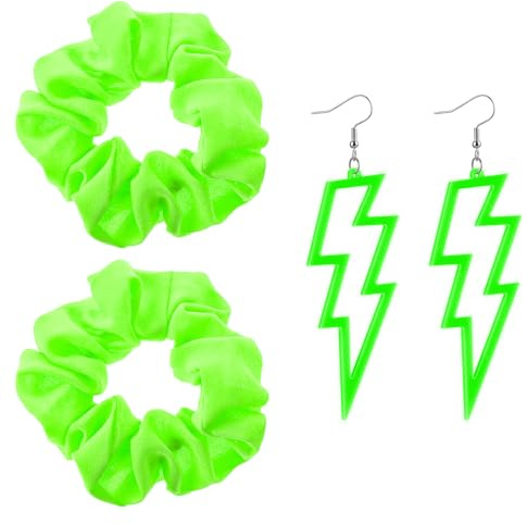 4 st neon scrunchies och örhängen för kvinnor, neon scrunchies 80-tal, Halloween-och rave örhängen, elastiska hårband för kvinnor och flicka fest (grön)
