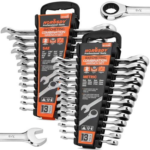 HORUSDY 26-Piece Ratcheting Wrench Set | Metric and SAE | Ratchet Combination Wrenches Set with Organizer | 72-Tooth | Chrome Vanadium Steel | 6-19 mm & 1/4” to 3/4“ (13-Piece Metric&SAE)