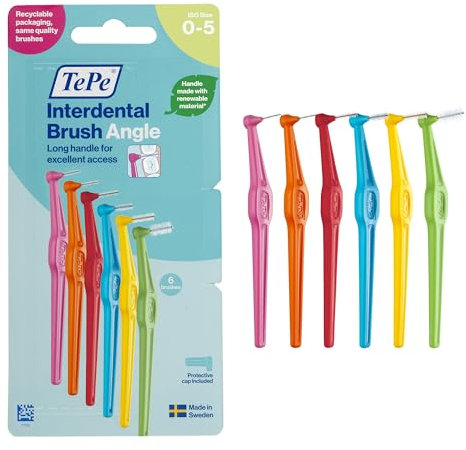 Cepillo interdental TePe Angulado, envase mixto, 0,4-0,8 mm/ISO 0-5, 6 ud., limpieza interdental, eliminación de placa dental con espacios de estrechos a pequeños