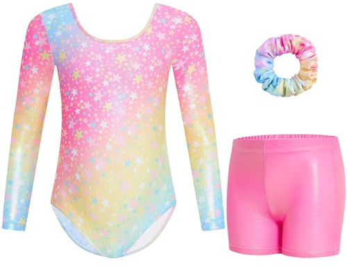 Gogokids Mädchen Dreiteilige Gymnastikanzüge, Langärmliges Gymnastik Set mit Shorts und Haarband, Glitzernde Balletteinheitstrikots - Gymnastik Outfit mit Farbverlaufdesign für 3-12 Jahre