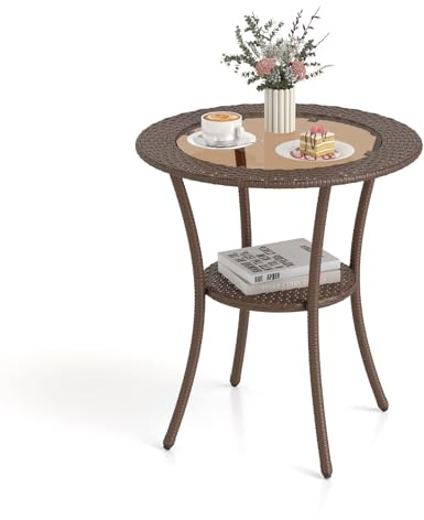 COSTWAY Gartentisch Rattan, 64x64x72cm, Bistrotisch mit Glasplatte und Ablage, runder Terrassentisch, Balkontisch wetterfest, Outdoor-Esstisch für Balkon, Terrasse, Garten