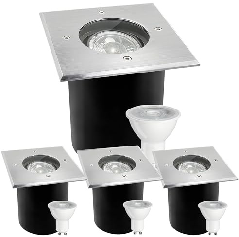 JNR 4er Set Bodenstrahler Außen Schwenkbar GU10 IP67 Wasserdicht mit LED 5W 3000K Warmweiß, Bodeneinbaustrahler Aussen 230V Bodenleuchten Außen Quadratisch, Silber