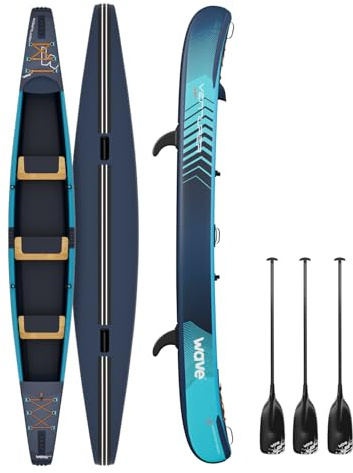 Wave Venturer Inflatable Canoe | Heavy Duty Military Grade Drop Stitch PVC, Portable & Lightweight | Includes High-Pressure Pump, Paddles, Fin & Backpack (3 Person)