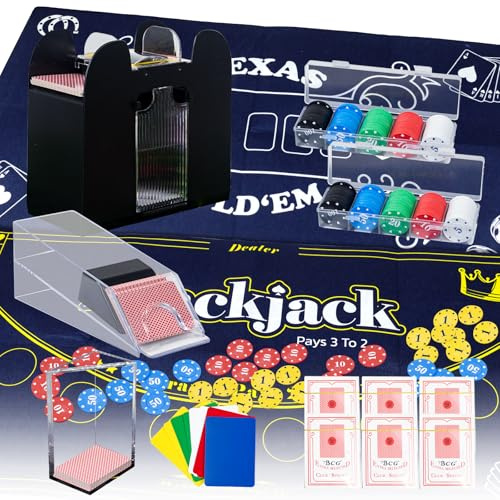 Extguds Casino Poker Set,Blackjack/Texas Hold'em/Poker Set with Card Shoe,Discard Tray, Automatic Shuffler,200 Chips,6 Deck Card,Double-Sided Felt（Blue）,10 Cut Cards,Casino Table Game Set