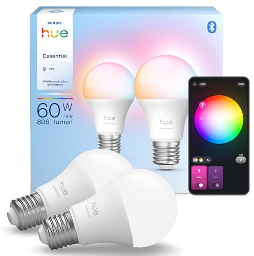 Philips Hue Essential LED A60 Smart Bulbs, White and Colour Ambiance, B22 Base, 8W, 2200K-6500K, 806 LM, Dimmable Hue LED Bulbs, Smart Lighting Works with Alexa, Google Assistant, Apple Home, 2 Pack
