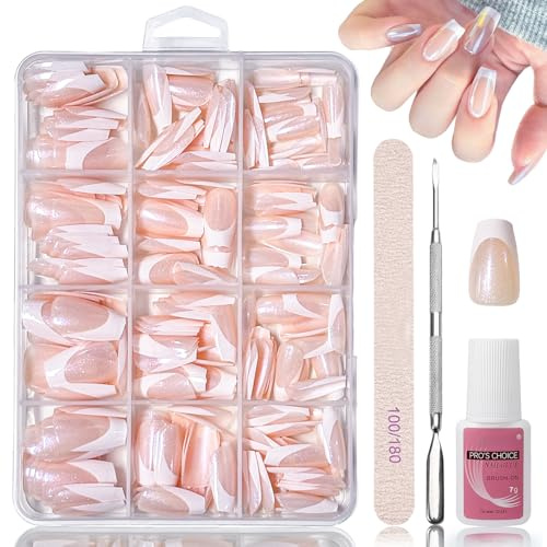 240 PCS French Press On Nails Glitter Ballerina Kurz - Nägel Zum Aufkleben, Pearl künstliche Nägel, Atmungsaktiv Full Cover Fingernägel mit Nagelkleber - Geeignet für Damen und Frauen Nageldesign