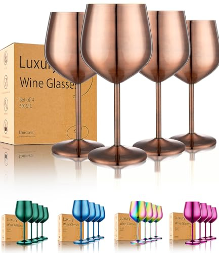 UNISWEET Stainless Steel Wine Glasses Set of 4 Unbreakable Wine Glass 18 oz Unique Metal Wine Goblets for Outdoor, Travel, Camping, Pool, Ideal Gift for Wine Lovers (Red Copper)