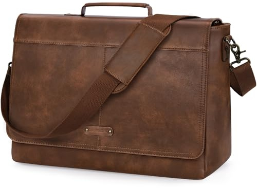 RAINSMORE Laptop Messenger Bag 15.6 Inch, Waterproof Vintage Vegan Leather Briefcase for Men, Large Professional Business Satchel, Work Shoulder Bag for Office University Travel & Computer Brown