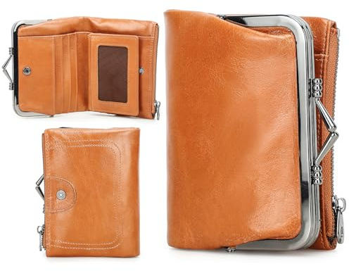 Contacts Cartera RFID para Mujer con Cierre de Beso, Monedero Bifold Compacto de Cuero Genuino para Damas con Bolsillo con Cremallera Vintage, Tarjetero Pequeño Clutch con Ventana de ID, Orange, Retro