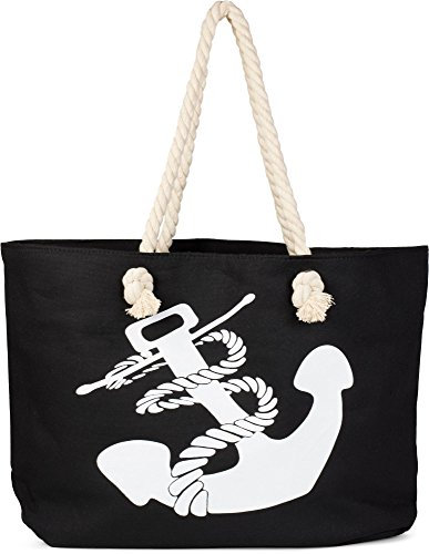 styleBREAKER Damen Strandtasche Anker Print 57x33x32cm, Schwarz-Weiß