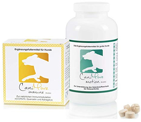 CaniMove Motion & CaniMove Immune (ehemals EPA70) Maxi, je 1 Packung hochentwickelte Ergänzungsfuttermittel für große Hunde zur Unterstützung bei degenerativen Problemen des Bewegungsapparates.