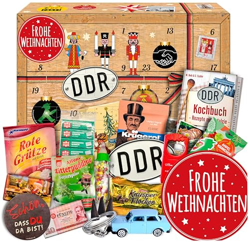 Ostprodukte DDR Adventskalender - Ostalgie Weihnachtskalender mit 24 | Nostalgie Geschenkset mit Zetti, Ampelmann & Kochbuch in Holzoptik Box. Ideal als Ossi Paket oder Geschenkbox für Männer