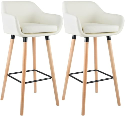 CLP Set de 2 taburetes de Bar Grant con Respaldo, Asientos de Cuero sintético, estructuras de Madera hasta 150 kg de Carga | Color Crema