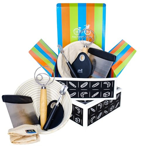 Kit artigianale di Forniture per la Cottura del Pane con Pasta Madre – 6 pezzi – Cestino da lievitazione Banneton | Frusta per Impasto | Lama per pane | Tagliapasta | Raschietto impasto