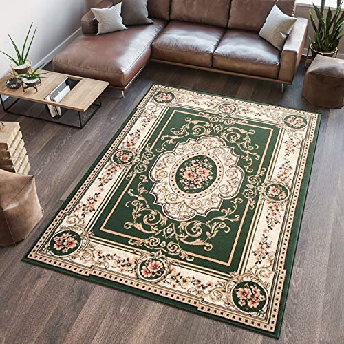 TAPISO Atlas Teppich Kurzflor Grün Creme Bordüre Floral 160 x 230 cm
