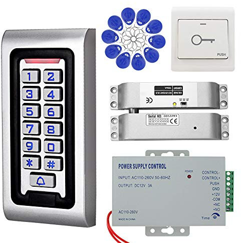 KDL RFID Access Control System Kit - Waterproof Controller Keypad with DC 12V Electric Lock, Exit Release for Single Wooden/Glass Door Outdoor Use