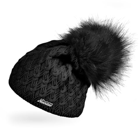 Neverless® Damen Strick-Mütze gefüttert Fell-Bommel Kunstfell Winter-Mütze Bommelmütze
