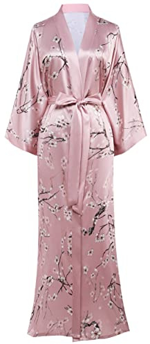 Coucoland Bata larga para mujer de satén de verano kimono de playa, con estampado de flores de ciruelo,chaqueta de punto,flor, abrigo para dormir, Girl Pajama Party rosa Tallaúnica