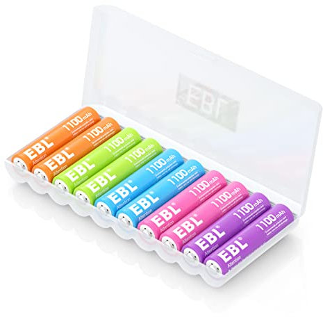 EBL 10 pcs 1.2V AAA Batterie Ricaricabili, Arcobaleno Pile Ricaricabili 1100mAh Ni-MH carica da 1200 tech