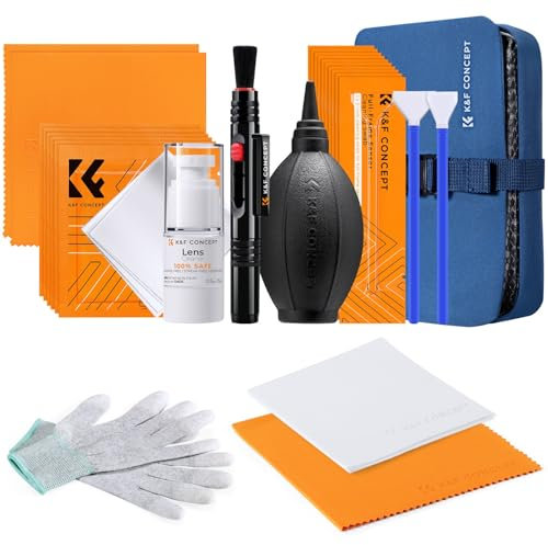 K&F CONCEPT 23-in-1 Camera Lens Cleaning Kit for DSLR Camera Lens Filter Cell Phones with Air Blowing, Cleaning Swab 16mm 24mm, Cleaning Cloths Liquid, Lens Pen, Anti-static Gloves, Carry case