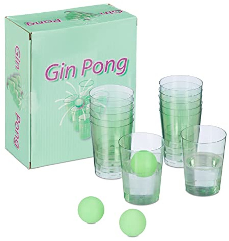 Relaxdays Pong 12 Vasos y 3 Pelotas, Juego de Beber para Adultos, Gin Tonic-Verde, Color, Set (10030773)