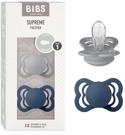 BIBS Supreme Schnuller 2er-Pack, BPA-frei, Symmetrischer Nippel. Silikon, Hergestellt in Dänemark. 0-6 Monate (2er Pack), Cloud/Steel Blue