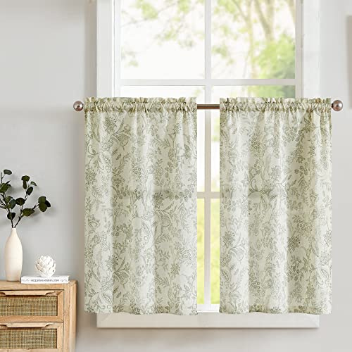 TOPICK Leinen Scheibengardinen Blumen Küchengardinen 2er-Set H60xB65(cm) Landhausstil Modern Gardinen Vorhänge Kurz Bistrogardine für Wohnzimmer Badezimmer Fenster Kurzstores Grün auf Beige