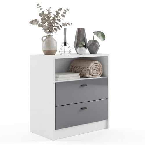Vladon Kommode Pino V1, Made in Germany, Nachttisch mit 2 Schubladen & 1 offenem Fach, Weiß matt/Grau Hochglanz ohne LED (56 x 67,5 x 36 cm)